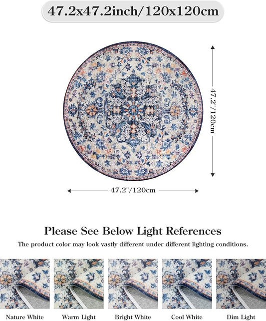 Lahome Round Rug 4ft, Washable Bathroom Rug Non Slip Entryway Circle Mat, Bohemian Vintage Non-Slip Non-Shedding Low Pile Printed Indoor Carpet for Kitchen Laundry Entryway, Blue Purple/Multi