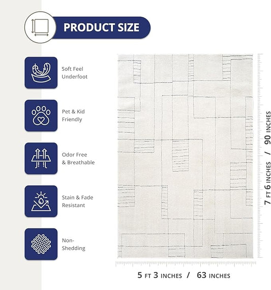 Abani Cream Area Rug – 6' x 9' – Oliver Collection – Geometric Linework Pattern – Non-Shedding, Easy to Clean – Durable for Living Room, Bedroom, or Office, Pet & Child Friendly
