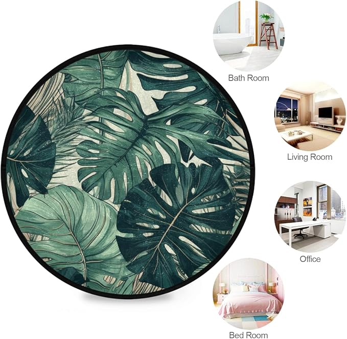Small Round Area Rug, Washable & Non Slip Soft Rugs for Cozy Home Decor Monstera Leaves Pattern for Living Room, Bedroom, Entryway, Indoor & Outdoor Use