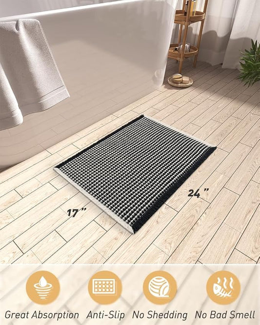 AMOAMI Upgraded Waffle Bath Mat, Super Absorbent Non Slip Bath Mats for Bathroom Floor, Machine Washable Bathroom Rugs with Tassels, Rubber Backed Bathroom Mats, Ultra Soft, 17" x 24",Black & Cream