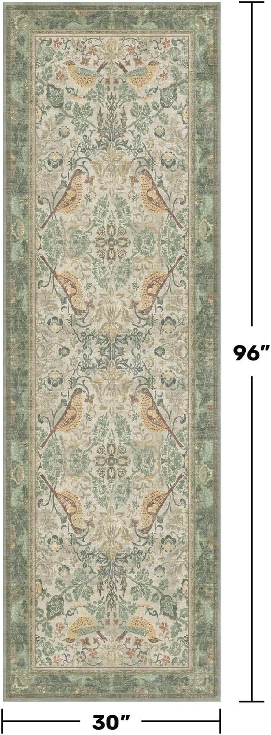 2'6"x8' Long Hallway Runner Rug - Vintage Botanical Wide Runners for Kitchen Bedroom Hall Way, Washable Non Slip with Rubber Backing, Light Green Sage Floral Décor