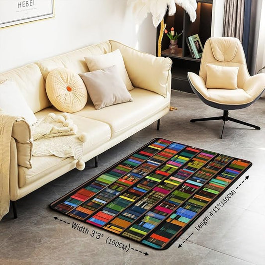 Books Area Rug 3x5 Rainbow Bookshelf Rugs for Living Room | Watercolor Book Shelf Washable Rug, Bookcase Bookrack Carpet Indoor Floor Mat