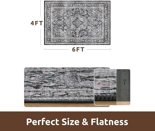 AMOAMI-4X6 Area Rugs for Living Room -Soft Vintage Bedroom Rug-Non Slip Washable Rug-Throw Rugs for Living Room Bedroom Bedside Dining Room Office Dark Grey & Black