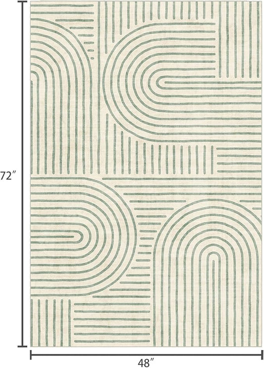 Washable 4x6 Area Rug - Boho Living Room Rug Soft Modern Rugs for Bedroom Ultra-Thin Sage Green Abstract Rainbow Dining Room Rugs Indoor Carpet for Living Room Nursery Room