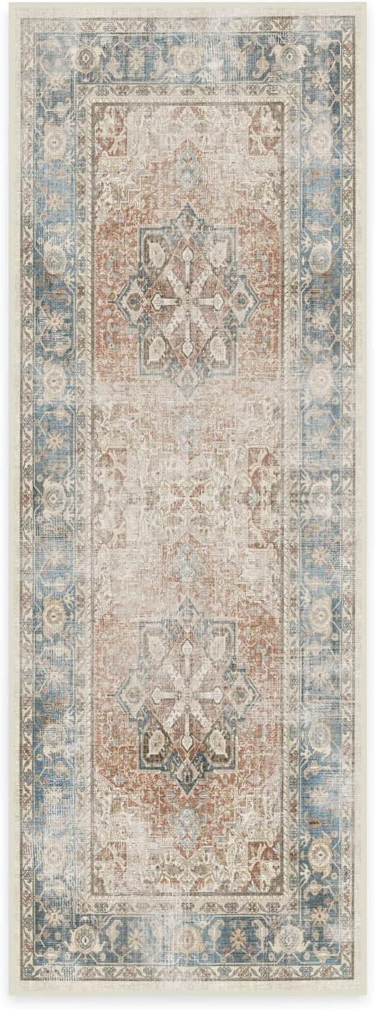 RUGGABLE Washable Vintage Runner Rug – Kamran Coral 2.5x7, Stain-Resistant, Non-Slip Hallway Runner – Machine Washable Rug for Hallway, Entryway, Living Room & Kitchen – with Standard Pad