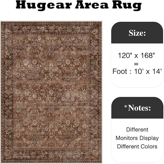 HUGEAR 10x14 Machine Washable Rugs Brick Red Hallway Large Area Rug Indoor Accent Rug Floral Low Pile Carpet Soft Throw Aesthetic Rug Bedroom Living Room Office Dining Room Kitchen Laundry Room