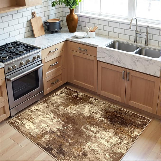 Washable Area Rugs 3'x5' Non-Slip Modern Abstract Soft for Living Room Entryway Bedroom Nursery, Print Pattern, Brown Tan Beige Coffee
