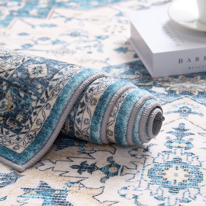 jinchan Runner Rug 2x5 Washable Kitchen Hallway Runner Soft Thin Vintage Low Pile Non Slip Distressed Carpet Floral Medallion Rug for Bathroom Bedroom Laundry Room Blue Multi