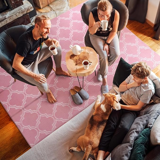 Amearea Fluffy Indoor Area Rug, Soft Trellis Moroccan Rugs for Bedroom, Shag Modern Area Rug for Living Room Kids Room Nursery, Easy Clean, Home Decor Low Pile Carpet, Pink 5x7 Feet