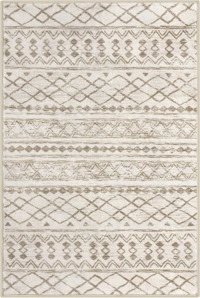 KUTA Boho Runners for Hallways 2x7 Beige Navy Blue Moroccan Washable Runner Rug Non-Slip Vintage Kitchen Rugs Ultra Soft Geometric Floor Carpet for Bedroom Laundry Living Room
