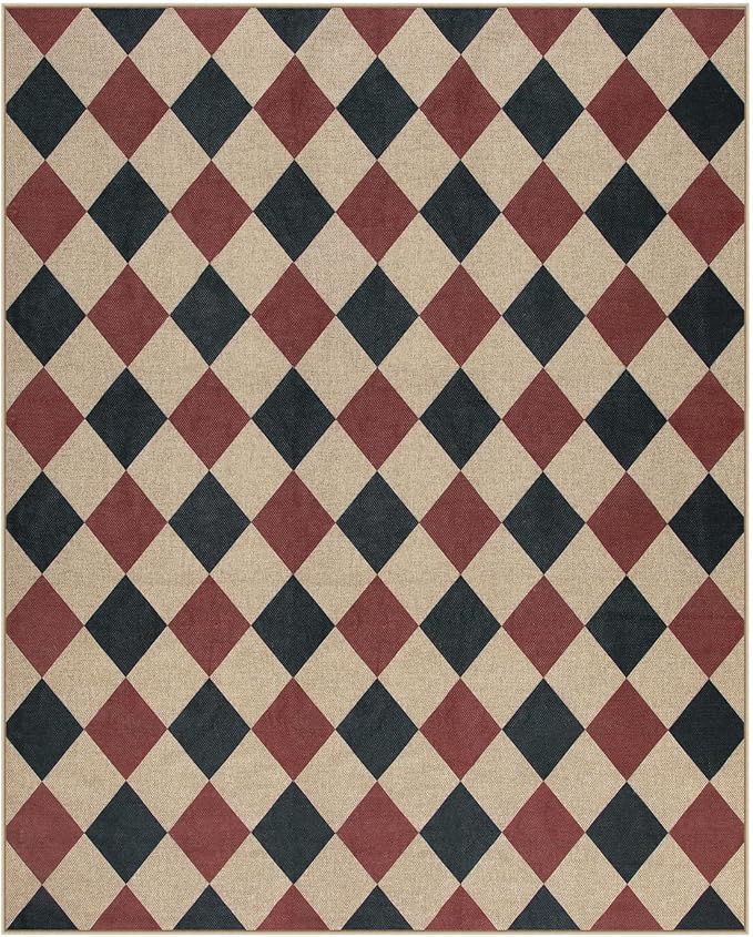 Lahome Checkered Rugs for Living Room, 8x10 Indoor Outdoor Rug Dining Room Office Carpet, Checkerboard Black and Red Washable Non Slip Floor Carpet for Patio Classroom Backyard