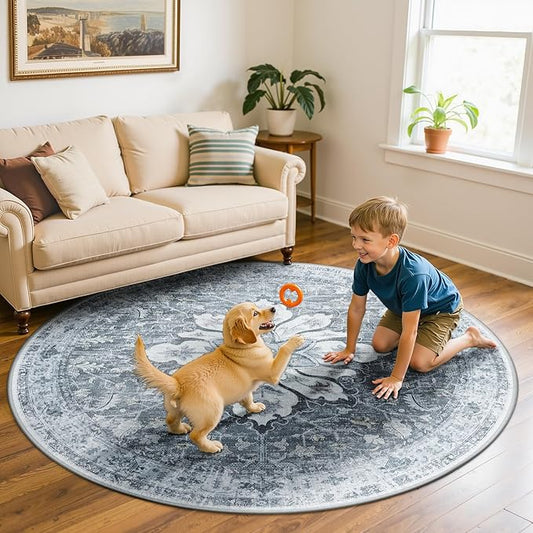Area Rugs 6ft Washable Non-Slip, Floral Vintage Distress Print Pattern Medallion Carpet for Living Room Bedroom Dining Room, Light Gray Grey White