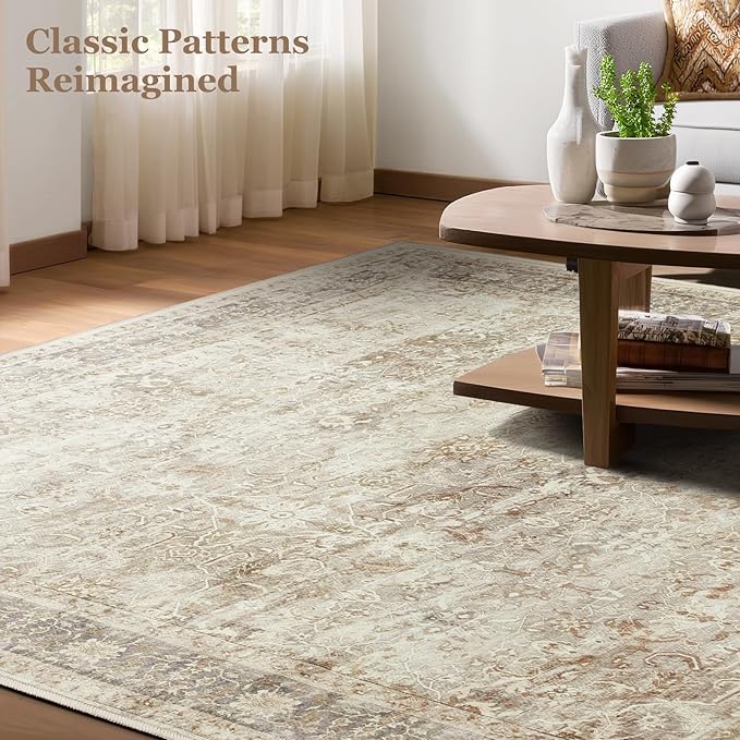 Vintage Beige 3x5 Entryway Rug Indoor Foyer, Neutral Earth Tone Throw Rug for Kitchen Bathroom, Machine Washable Non Slip Ultra Thin Area Rug for Nursery/Bedroom Bedside/Home Office/Dorm