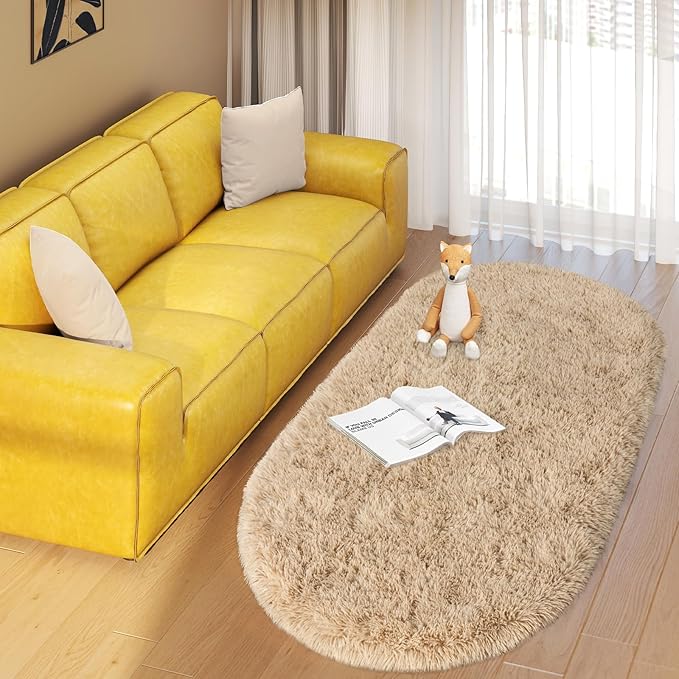 Soft Fluffy Area Rug for Bedroom, Beige Fuzzy Shaggy Oval Throw Rugs for Bedside, Non-Slip Cozy Plush Shag Carpet for Kids Room Nursery Dorm Living Room, 2.6 x 5.3 Feet