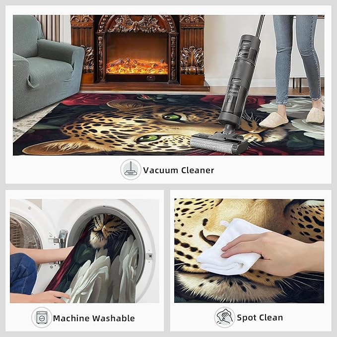 Leopard Rugs for Bedroom - 6x8 Area Rug - Flowers Leopard Rugs for Living Room, 3D Flowers Animal Rug, Washable Home Decor Carpet
