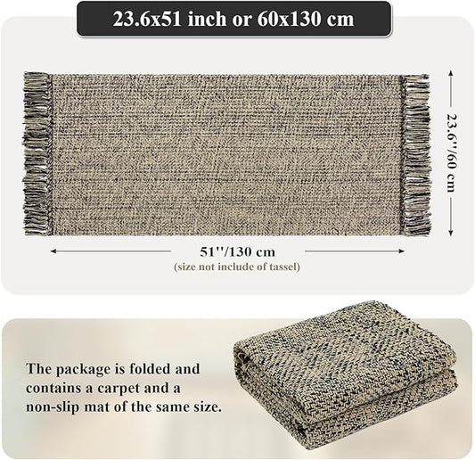 Collive Washable Kitchen Runner Rug, Modern Farmhouse Hand Woven Entryway Rugs Non Slip, Cotton Reversible Bathroom Carpet for Bedroom Hallway Foyer Back Door Decor, Natural/Black 2 x 4.3 ft