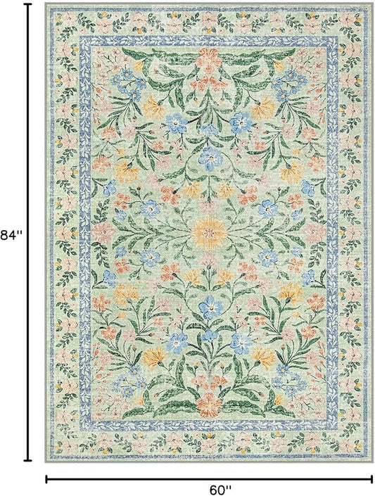 Morebes Washable Area Rugs 5x7 for Living Room, Boho Floral Green and Pink Nursery Rug Non Slip, Soft Vintage Flower Indoor Floor Carpet for Bedroom Dining Room, Sage Green