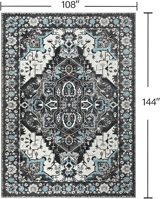 YJ.GWL Area Rugs for Living Room 9x12 Machine Washable Rugs, Non Slip Floral Vintage Rug Indoor Carpet, Stain Resistant Large Rug for Bedroom Dining Room, Black Grey Blue