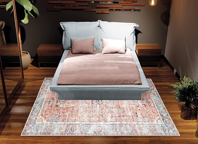 Bloom Rugs Washable Non-Slip 2' x 3' Rug - Orange/Blue Traditional Oriental Area Rug for Living Room, Bedroom, Dining Room, and Kitchen - Exact Size: 2' x 3'