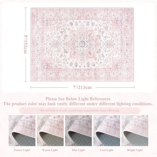 LIVEBOX Pink Washable Area Rug 5x7 - Large Vintage Tribal Living Room Non-Slip Indoor Carpet for Bedroom, Low-Pile Retro Print Distressed Accent for Nursery Dorm Home Decor