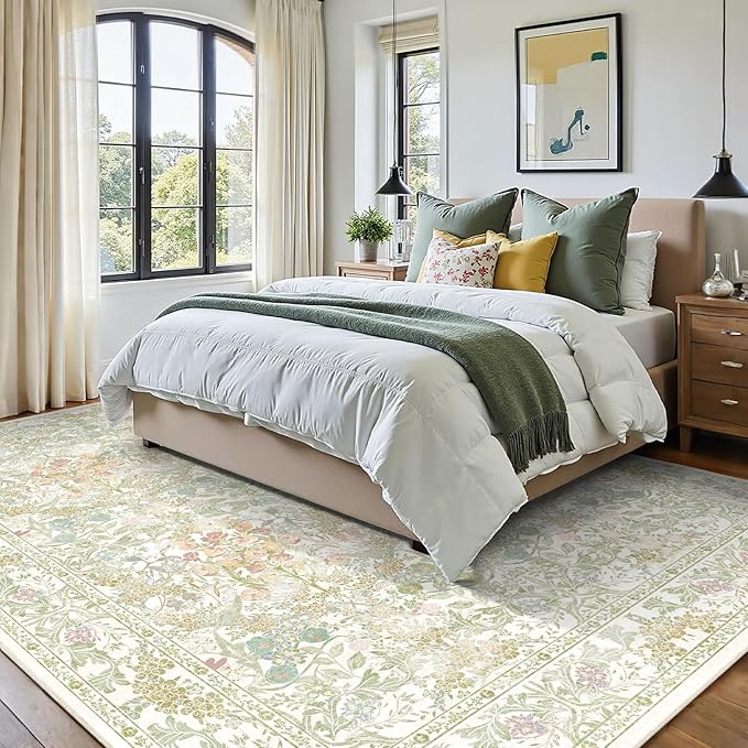 Farmhouse Sage Green Washable Nursery Rug 5x7, Floral Area Rug for Living Room, Bedroom, Dining Room Under Table, Home Office, Low Pile Non Slip Boho Carpet, Soft Cottagecore Botanical Accent Mat