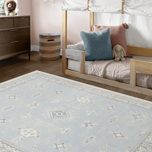 RUGGABLE Washable Vintage Area Rug – Verena Soft Blue 5x7, Stain-Resistant, Non-Slip – Medium Machine Washable Rugs for Living Room, Bedroom, Hallway, Entryway & Office–with Cushioned Pad