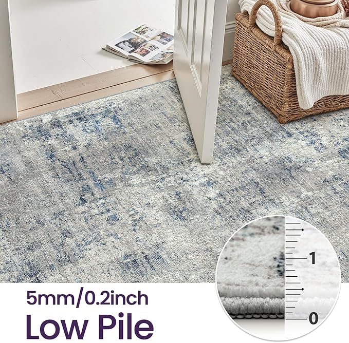 DEXI 10x14 Area Rug for Living Room, Modern Abstract Thin Washable Rug Indoor Floor, Non Slip Stain Resistant Low Pile Carpet for Dining Room Bedroom Office, Blue