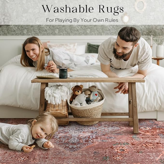 Phantoscope Washable Area Rug 4'x6' Non-Slip, Vintage Neutral Fall Rugs for Living Room, Bedroom, Dining Room, Distressed Boho Medallion Pattern, Low-Pile Foldable Floor Carpet, Rust Orange