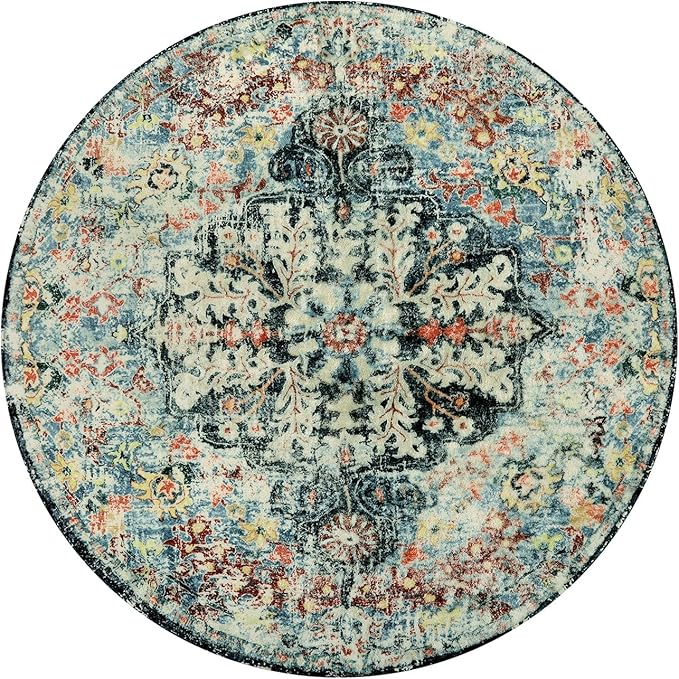 Lahome Bohemian Floral Medallion Round Rug - 3Ft Small Bedroom Round Area Rug Soft Bathroom Circle Mat, Teal Vintage Non Slip Machine Washable Entryway Carpet for Nursery Kitchen Family Room