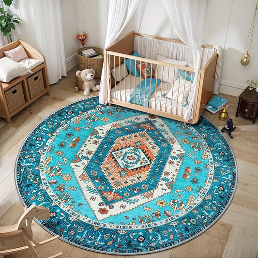 SERISSA Boho Round Area Rug, 4ft Washable Non-Slip Circle Rug, Ultra Soft Oriental Vintage Blue Low-Pile Small Circular Carpet for Bedroom Entryway Kids Room Office College Dorm Living Room