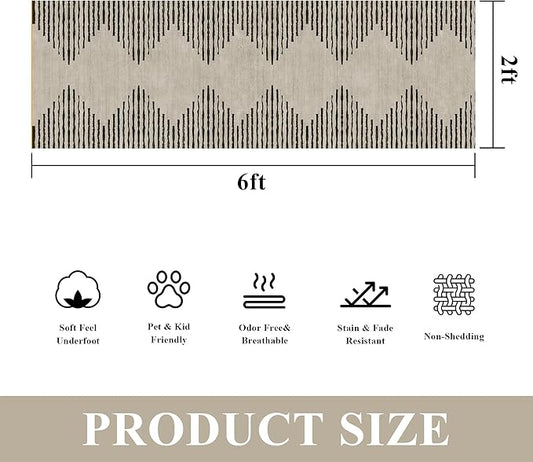 HelloTree Hallway Runner Rug,2x6 Moroccan Modern Stripe Carpet Washable Machine Bathroom Runner Bohemian Design Modern Soft Non Slip Indoor Rug for Entryway Hallway Laundry Room Bedroom-Cream