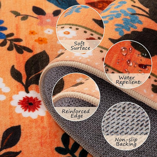 Floral 4x6 Area Rug Machine Washable Soft Print Boho Carpet Non Slip Doormat Low Pile Flower Area Rugs for Living Room Bedroom Nursery Kitchen Dining Room Indoor-Yellow/Orange