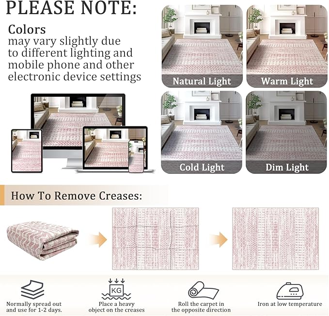 8x10 Machine Washable Area Rug for Living Room, Pink Vintage Moroccan Rug Large Non-Slip Low Pile Soft Faux Wool Carpet, Kids and Pets Friendly for Bedroom Dining Room Farmhouse Home Decor Rug