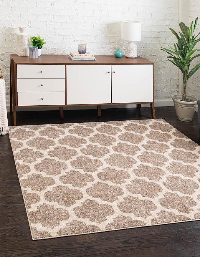 Rugs.com Lattice Collection Rug – 8 Ft Square Light Brown Medium-Pile Rug Perfect for Living Rooms, Kitchens, Entryways