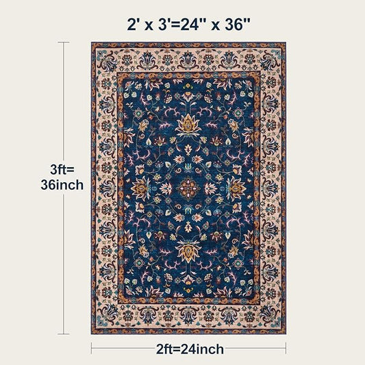 Tangsoo 2x3 Washable Rugs for Entryway, Small Area Vintage Floral Rug Non-Slip Soft Low Pile Rugs, Small Carpet Door Mat, Front Door Indoor Throw Rug for Entrance Kitchen Entry, Home Decor Navy Blue
