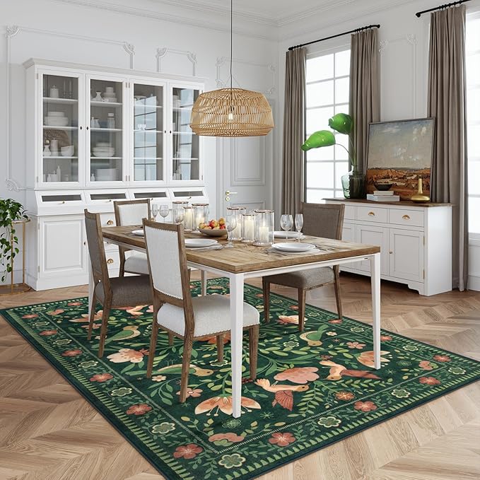 Moynesa Green Washable 8x10 Area Rugs for Living Room Bedroom Dining Room, Modern Cottage Farmhouse Aesthetic Floral Bird Medallion Carpet, Vintage Home Decor Open Floor Areas Protection Non-Slip
