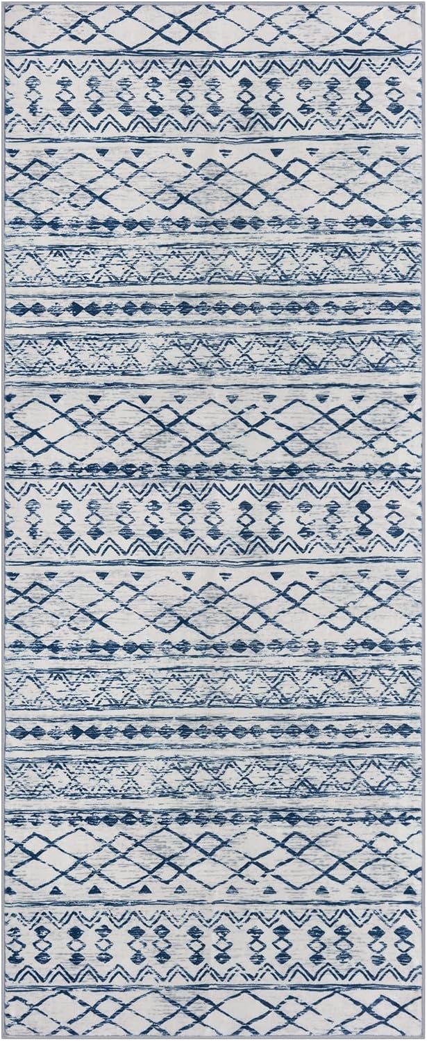 KUTA Moroccan Washable Runner Rug, 2x6 Non-Slip Vintage Blue White Boho Hallway Kitchen Rugs Ultra Soft Distressed Geometric Floor Carpet Runners for Bedroom Laundry Living Room