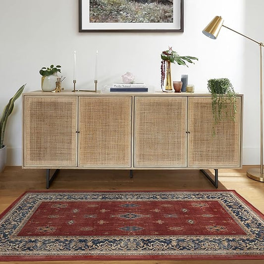RUGGABLE Washable Vintage Area Rug – Verena Amber Red 4x6, Stain-Resistant, Non-Slip – Medium Machine Washable Rugs for Living Room, Bedroom, Hallway, Entryway & Office–with Standard Pad
