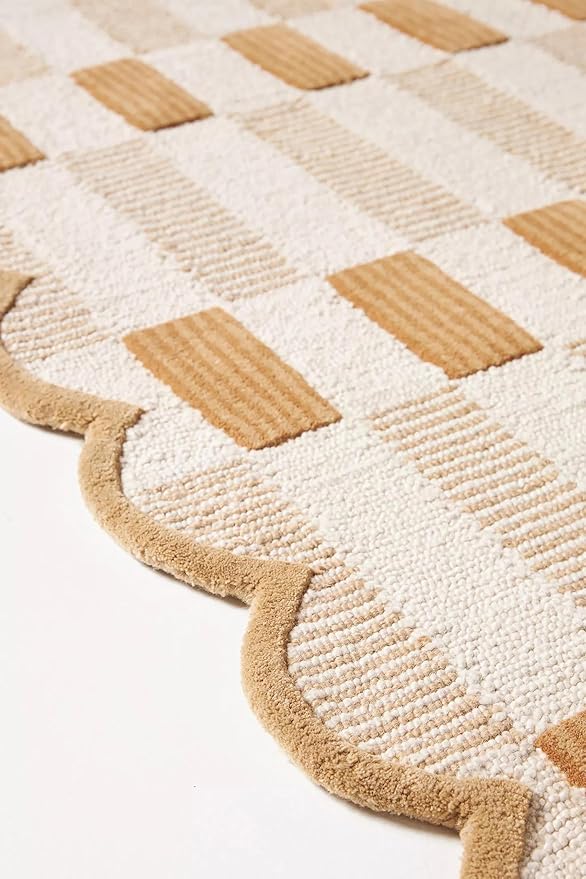 Hand-Tufted Wool Area Rug with Scalloped Edges, Neutral Beige Plaid Pattern, Cozy Soft Accent Rug for Living Room, Bedroom, and Nursery, Handmade Decorative Carpet, 2.5x12 Ft (Runner)