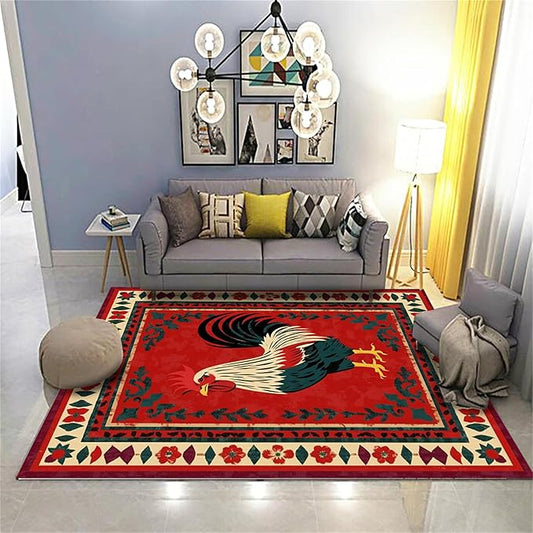 Vintage Rooster Area Rug,5x7ft,Beautiful Floral Border Country Style Rooster Rug,Colorful Retro Home Decoration Rugs,Washable Carpet for Living Room Bedroom Kitchen Farmhouse Office