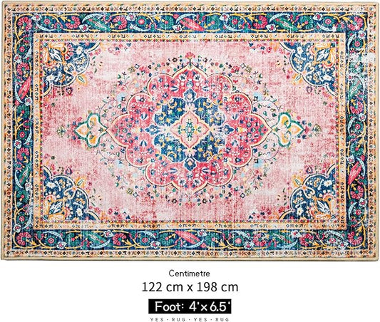 Area Rug 4x6.5 Pink Boho Rug Washable Vintage Rug for Kitchen Living Room Bedroom Bathroom Office Low Pile Non Slip Indoor Floor Carpet