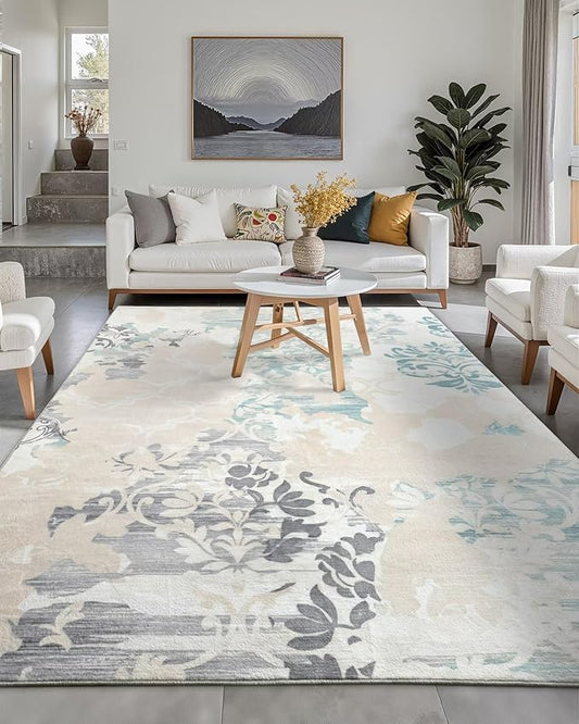 Washable Abstract Rug, 4x6 Ivory and Aqua Floral Area Rugs with Non-Slip Rubber Backed for Bedroom, Low Pile Modern Throw Carpet Kitchen Living Room Decor