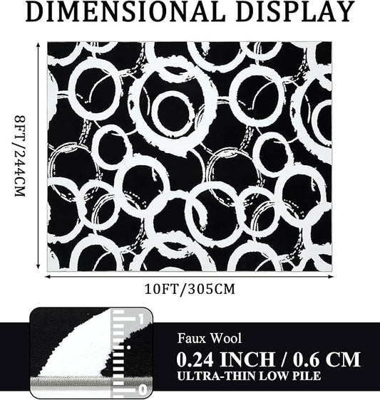 YIHOUSE Black Modern Geometric Area Rug 8x10, Black and White Rug with Abstract Circles,Non-Shedding Washable Rugs for Bedroom, Home Office and Living Room
