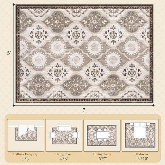 EnHomee Area Rugs 5x7, Soft Washable Rugs for Living Room Bedroom, Boho Non Slip Low Pile Stain Resistant Washable Rug Large Carpet for Dining Room,Easy to Clean Living Room Rug, Khaki
