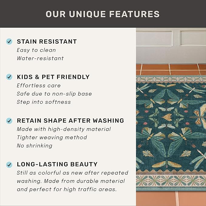 Brown and Green Kitchen Sink Runner Rug 2x6 - Teal Boho Bathroom Rugs for Entrance Indoor, Insect Print Floral Vintage, Washable Non Skid Stain Resistant