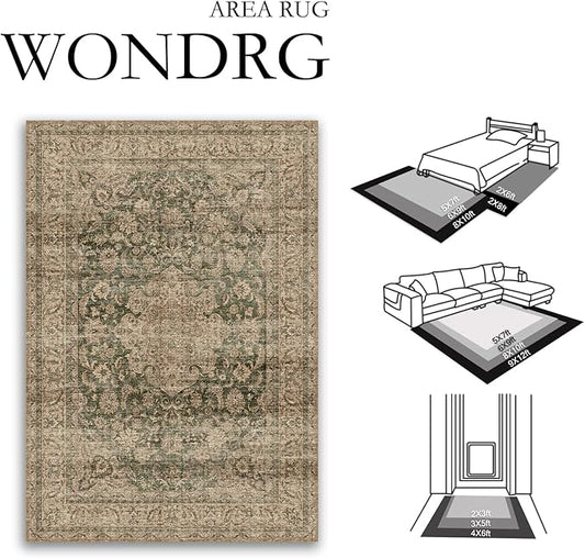 10x12 Vintage Area Rug Green Brown Living Room Bedroom Washable Carpet Non-Slip Soft Low Pile Distressed Indoor Large Throw Rug for Dining Room Office