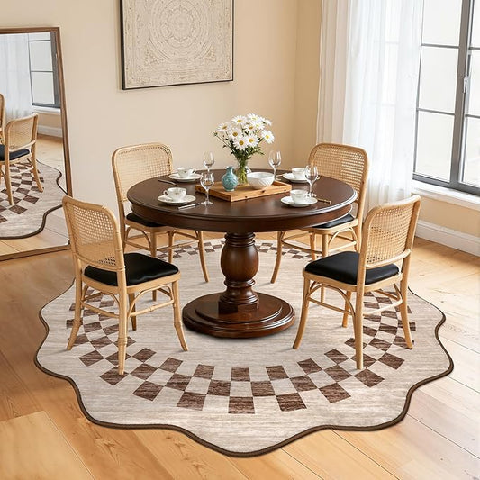 GarveeHome Scalloped Round Rug 4ft Modern Solid Color Circle Rugs Non Slip Low Pile Living Room Throw Carpat Washable Bedroom Scalloped Round Area Rug Stain Resistant Bordered Rug for Kitchen, Beige