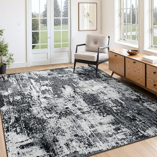 Washable Area Rugs Square 7ft Non-Slip Modern Abstract Soft for Living Room Entryway Bedroom Nursery, Print Pattern, Black Gray