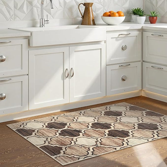 Lahome Moroccan Runners for Hallways- 2x4 Area Rug Washable Non-Slip Soft Bathroom Runner Ultra-Thin Small Kitchen Mat, Modern Print Distressed Floor Runners for Entryway Bedroom (Coffee,2'x4'