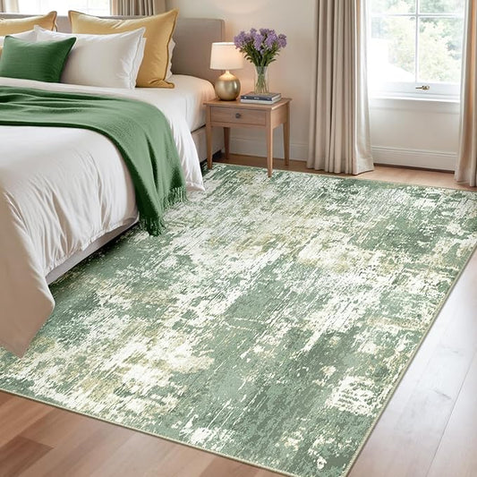 Washable Area Rugs 4'x6' Non-Slip Modern Abstract Soft for Living Room Entryway Bedroom Nursery, Print Pattern, Light Green/Yellow